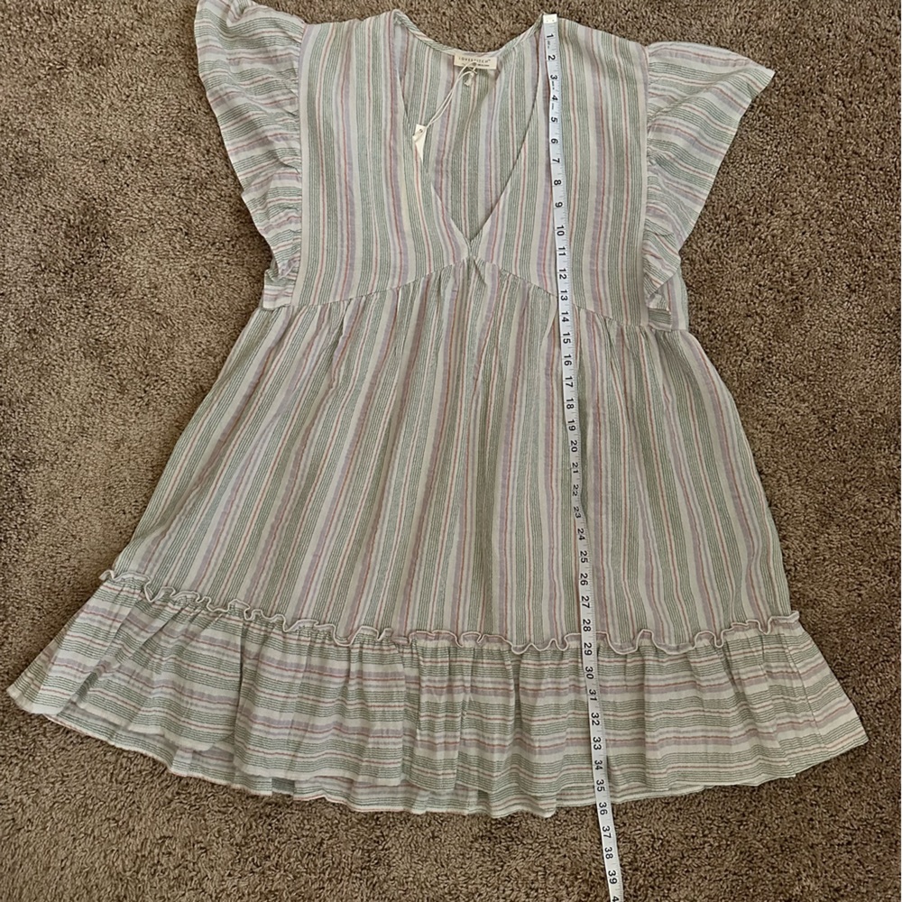007.NWT Natural/Lilac/Green Stripe Babydoll V-Neck Dress - Picture 12 of 12